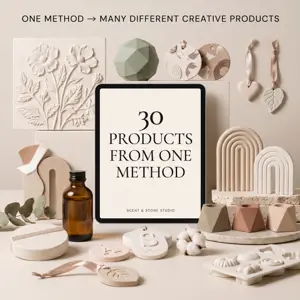 Guía «30 productos que puedes crear con un solo método» en una tableta, rodeada de piezas decorativas de escayola