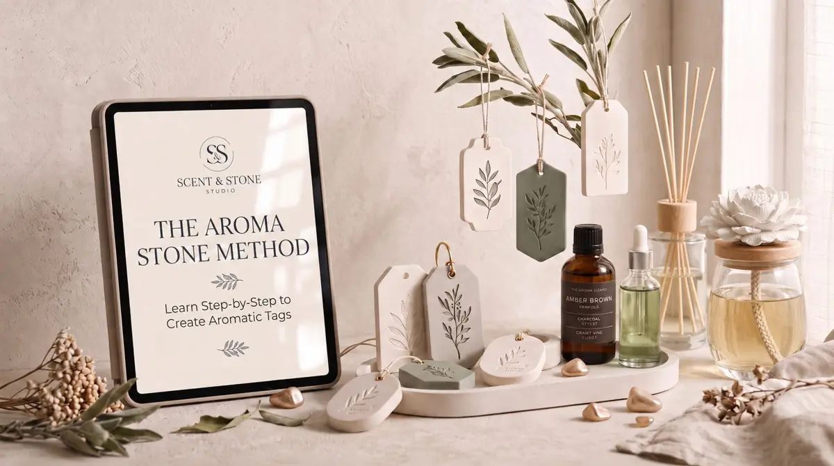La guía digital El Método Aroma Stone en una tableta junto a etiquetas de escayola aromatizada hechas a mano en tonos marfil, salvia y arcilla