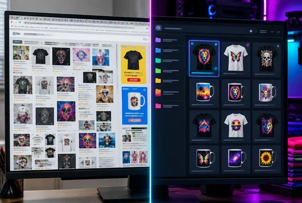 Before and after: messy generic internet search vs. the DesignPack Pro app with every design organized by category