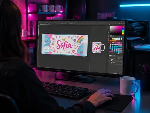 Designer customizing a personalized mug design with a name