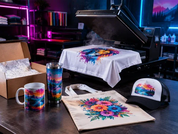 Heat press with finished printed t-shirt, mug, tumbler, tote bag and cap