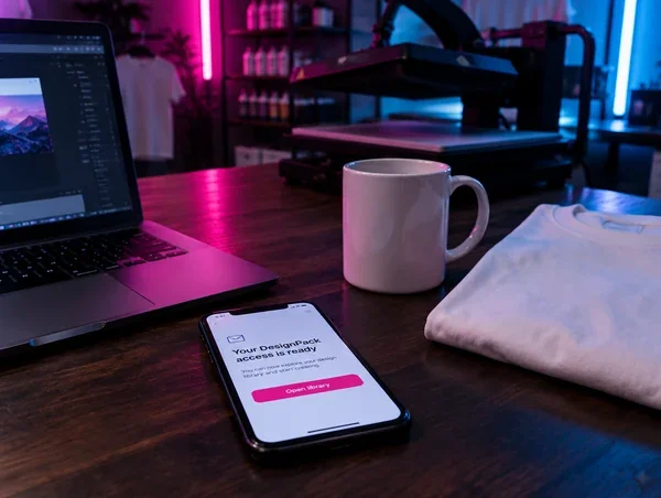 Phone showing the DesignPack Pro access email in a sublimation workshop