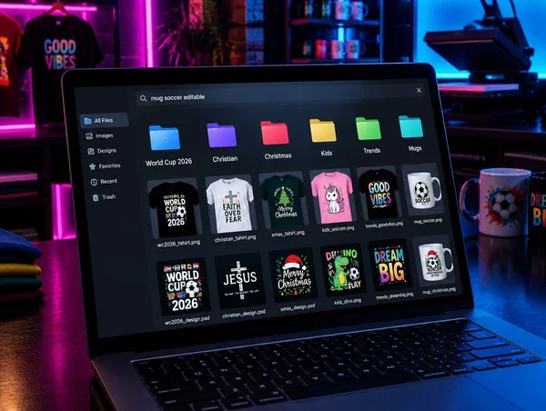 Laptop showing the DesignPack Pro library organized by niche folders