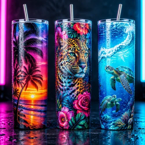 Three sublimation tumblers with tropical, leopard and ocean prints