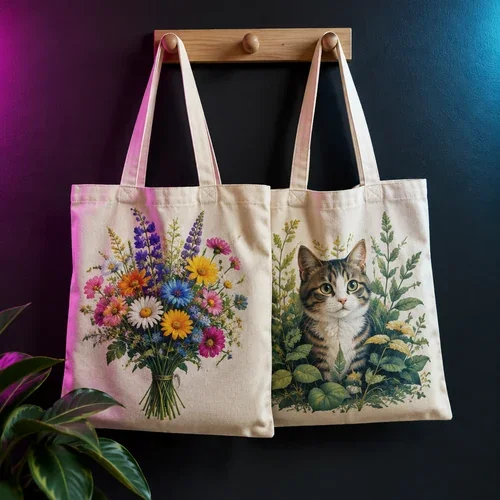 Canvas tote bags with floral and cat prints