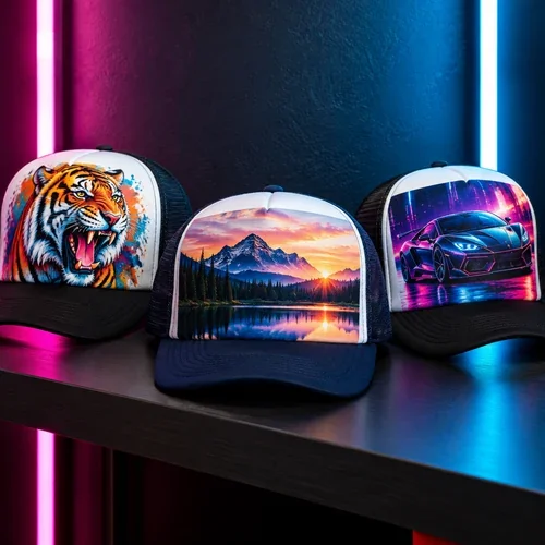 Trucker caps with tiger, sunset and sports car prints