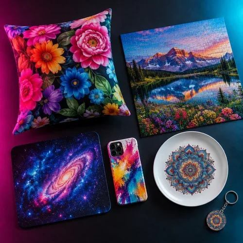 Sublimated pillow, puzzle, mousepad, phone case, plate and keychain