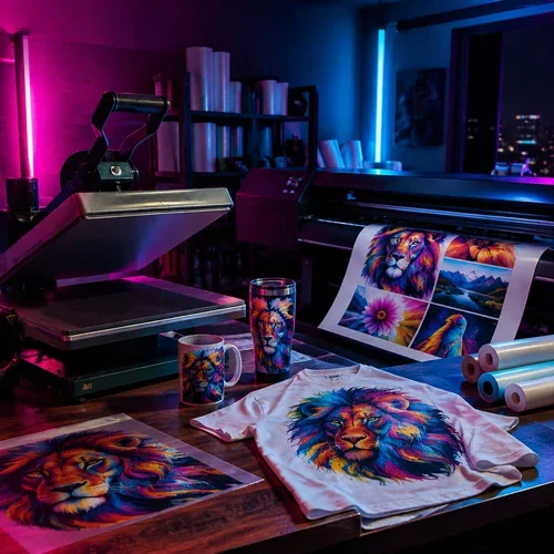 Sublimation and DTF workstation with heat press, printer and finished products