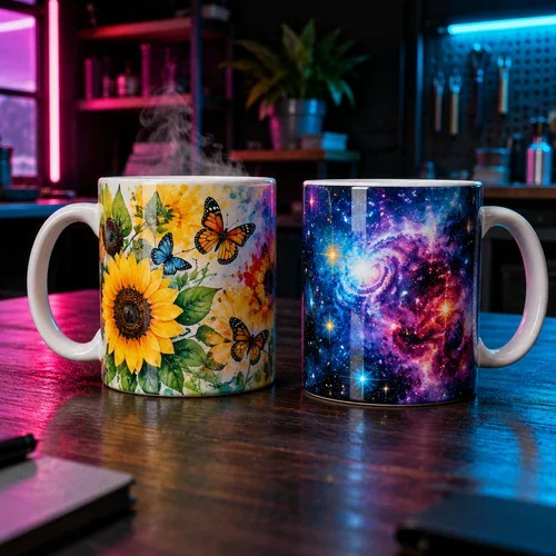 Two sublimation mugs with sunflower and galaxy prints
