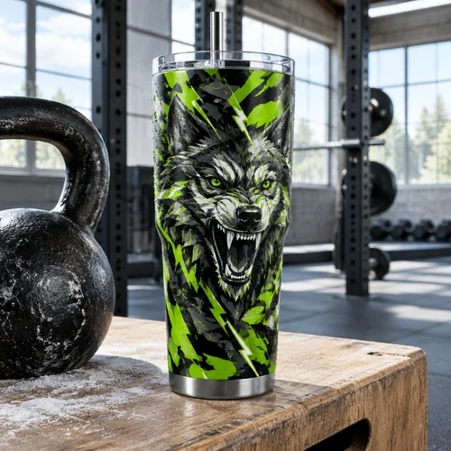 Gym tumbler with wolf and lime camo design