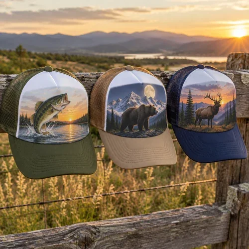 Outdoor trucker caps with bass, bear and elk designs