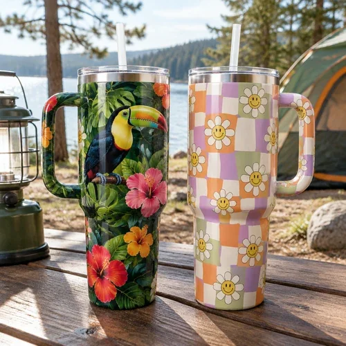 40 oz tumblers with toucan and retro daisy prints