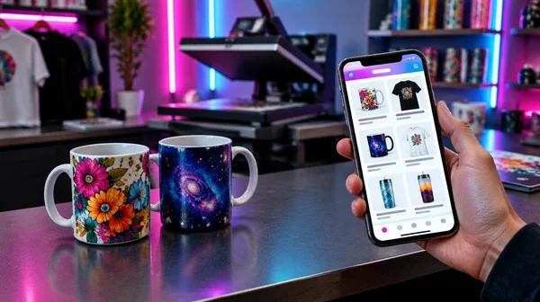 Hand holding a phone with a product catalog next to printed mugs