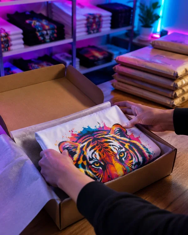 Hands packing a tiger-print t-shirt into a mailer box for a custom order