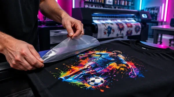 Peeling a DTF transfer film off a freshly pressed black t-shirt