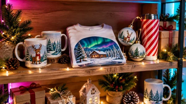 Holiday shelf with sublimated mugs, t-shirt, ornaments and gifts