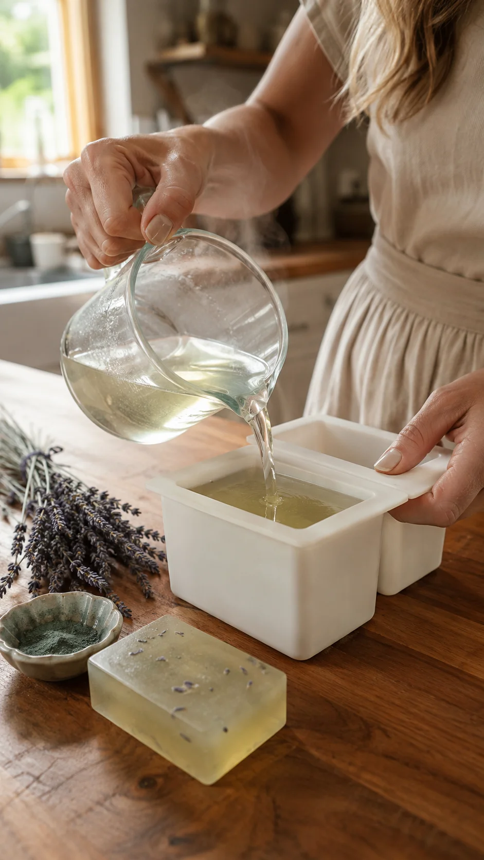 Pouring melted glycerin soap into a mold