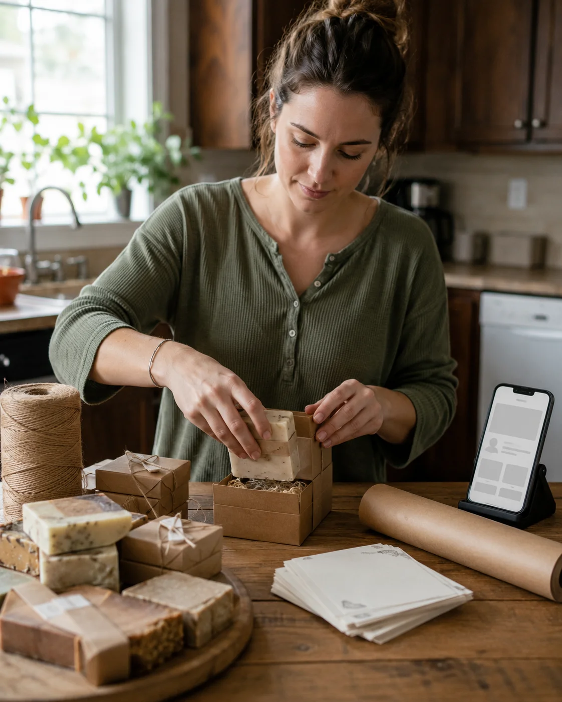 Packing handmade soap gift sets to sell