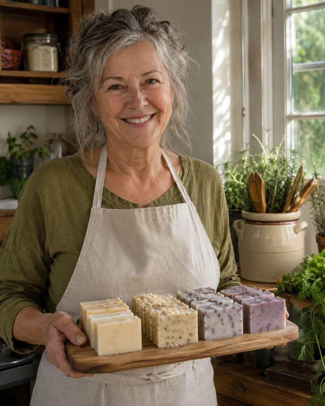 Home soap maker holding a tray of finished bars