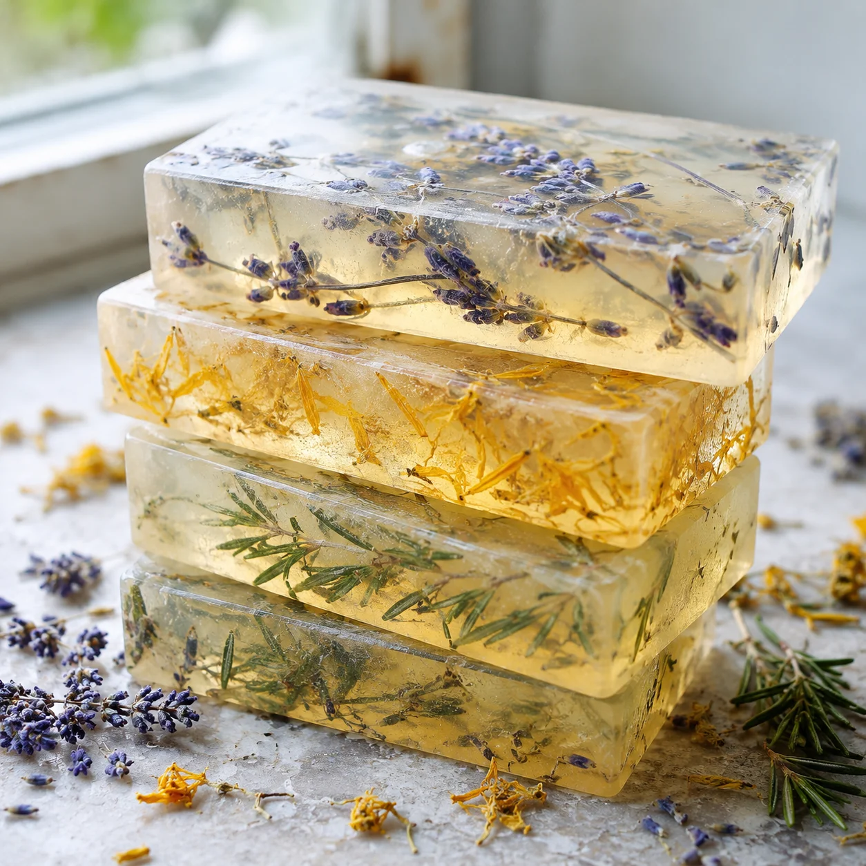 Botanical soap bars with dried flowers