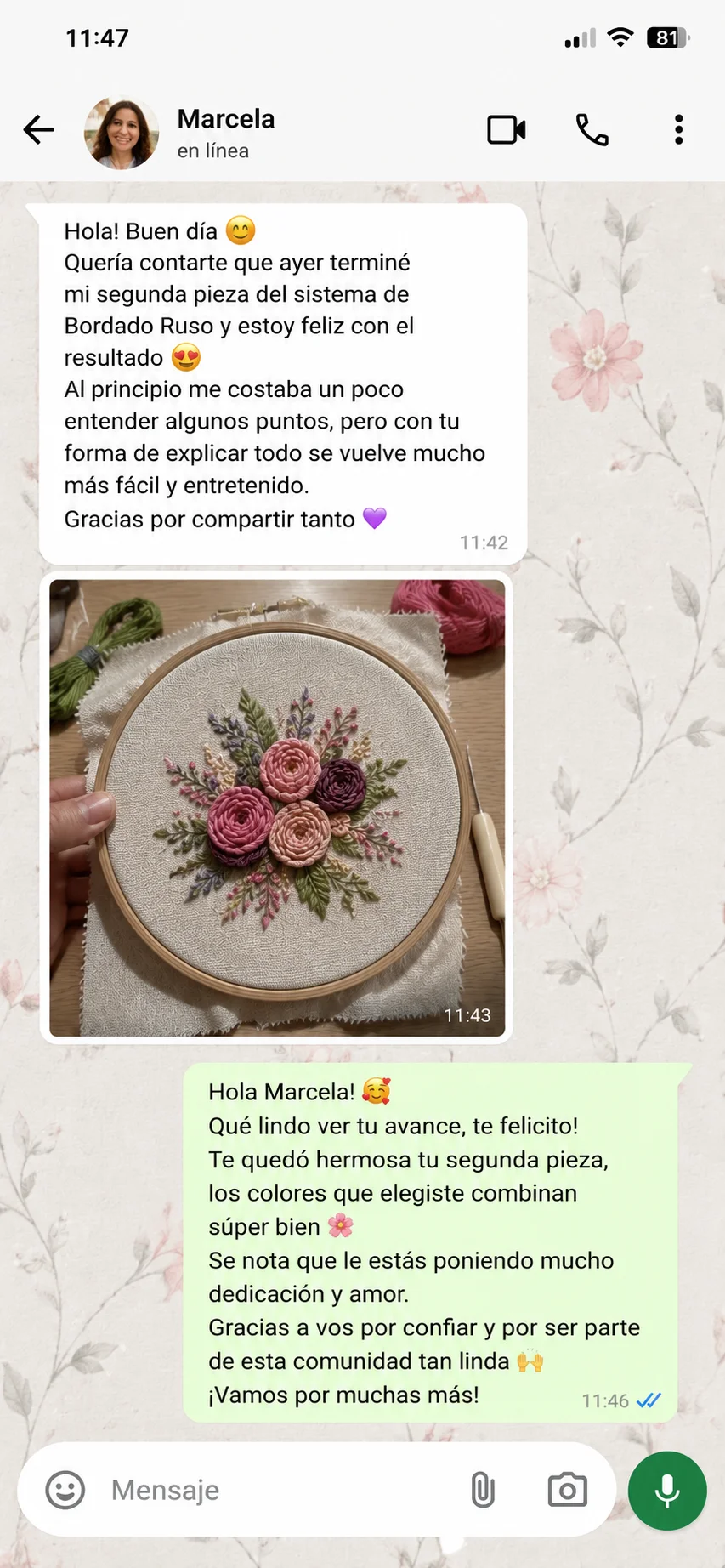 Mensaje de WhatsApp de una alumna