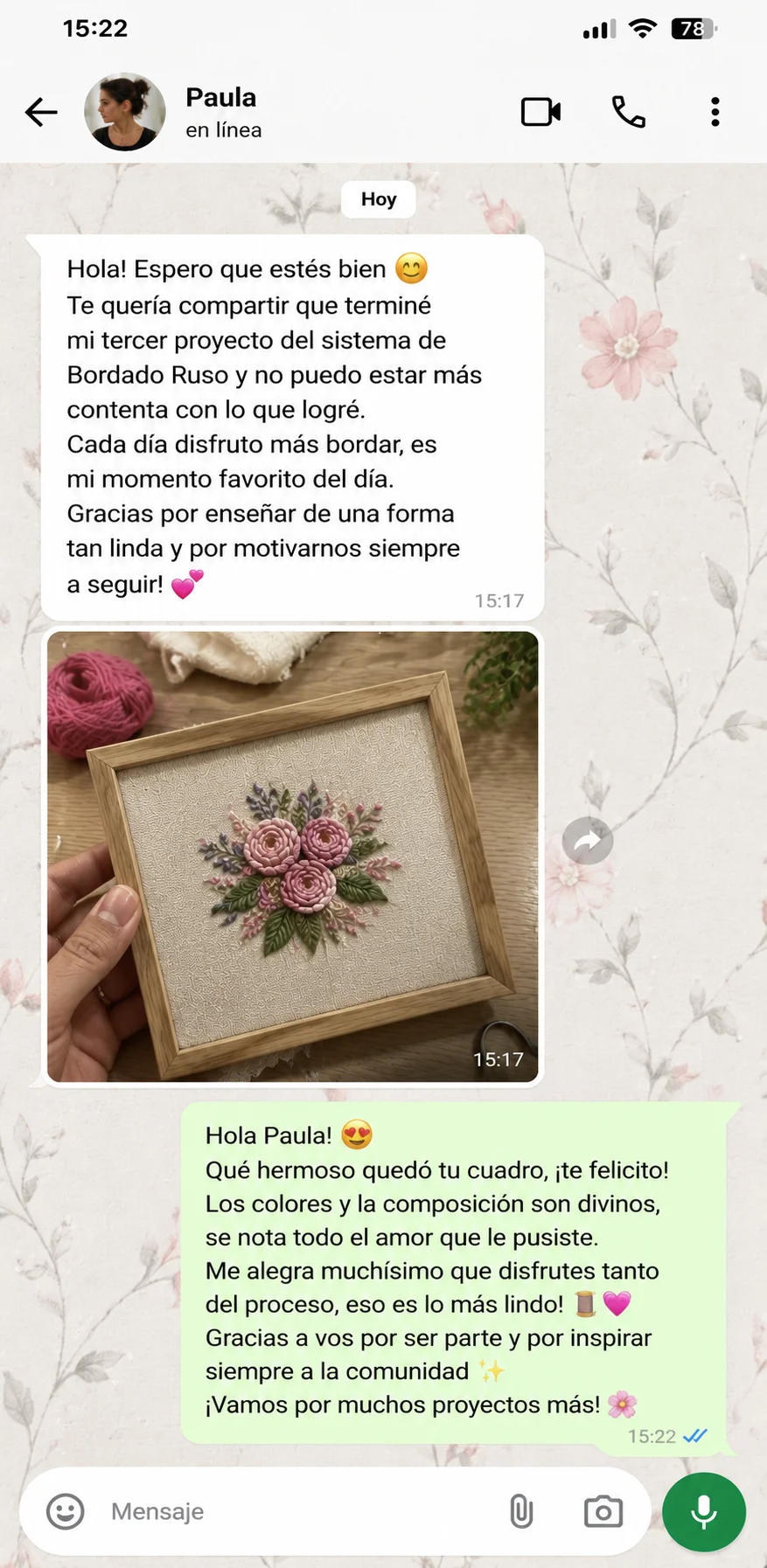 Mensaje de WhatsApp de una alumna