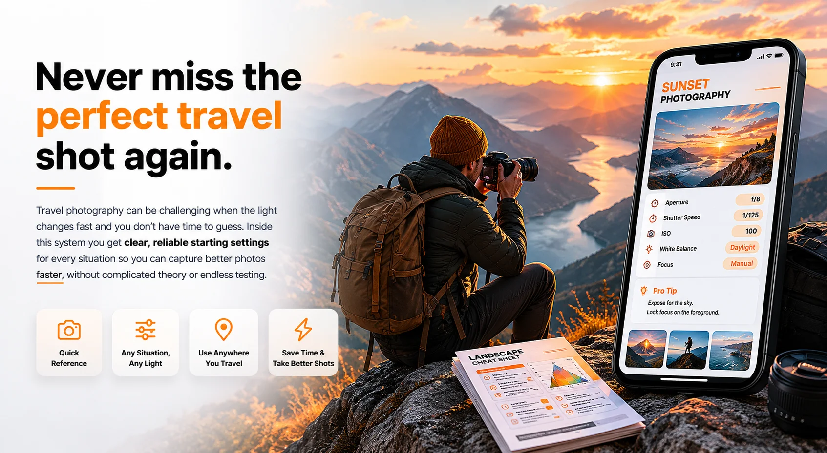Photographer using travel photography cheat sheet