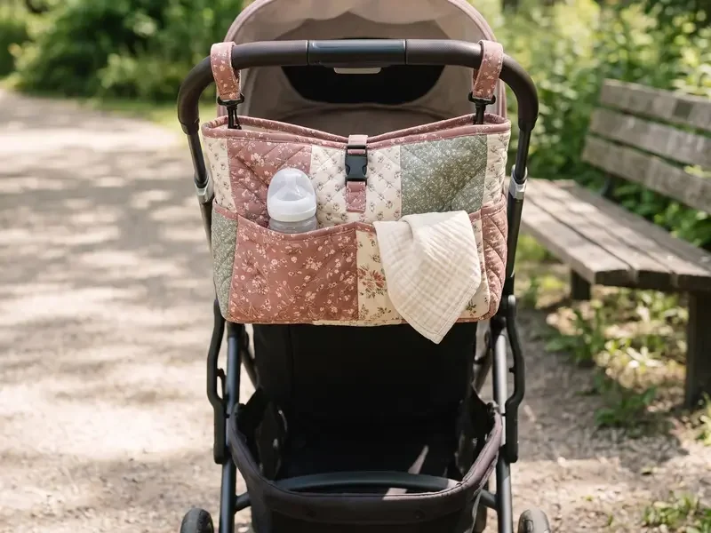 A patchwork stroller organizer hanging on a stroller
