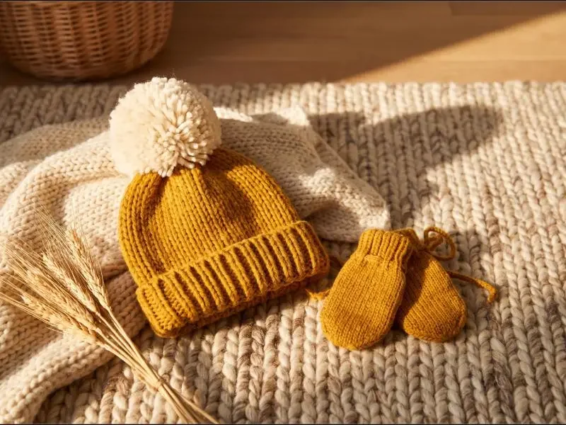 A pom-pom beanie and matching mittens