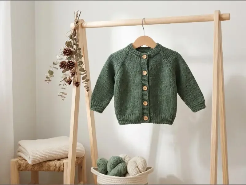 A hand-finished baby cardigan on a clothing rack
