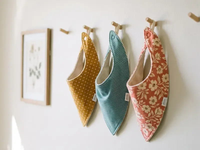 Three bandana bibs, hung and ready