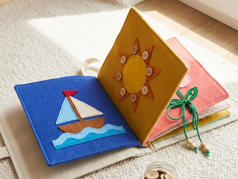 A soft fabric quiet book, open to its sailboat and sun pages