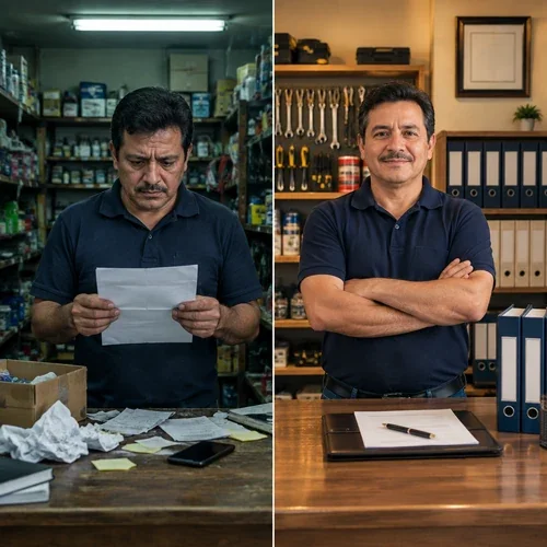 Antes y después: dueño de ferretería preocupado con un citatorio entre papeles sueltos, y el mismo dueño tranquilo con expedientes ordenados y reglamento firmado