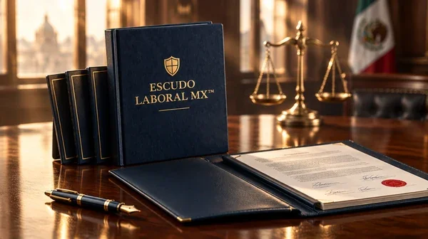 Escudo Laboral MX™ con documentos firmados sobre la mesa de una audiencia de conciliación