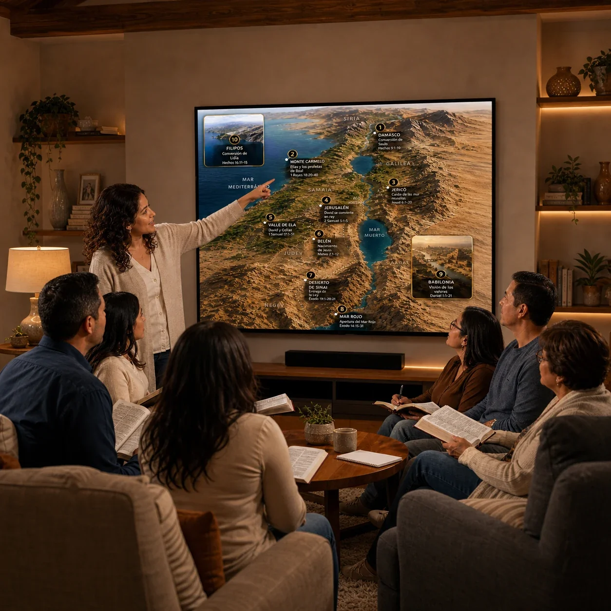 Estudio bíblico en casa: el mapa proyectado en el televisor mientras se explica a un grupo pequeño