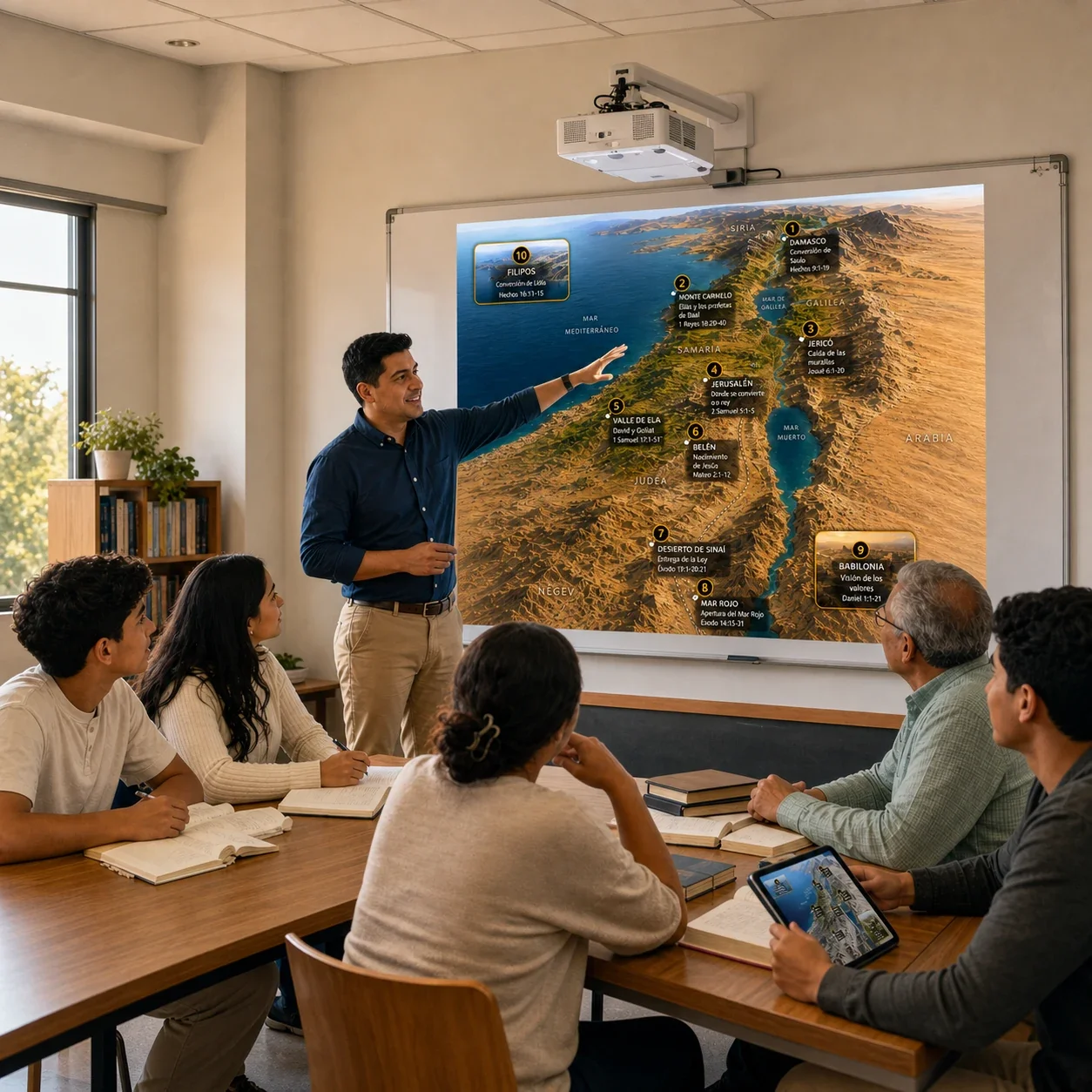Clase bíblica con personas de distintas edades siguiendo el mapa proyectado en la pared