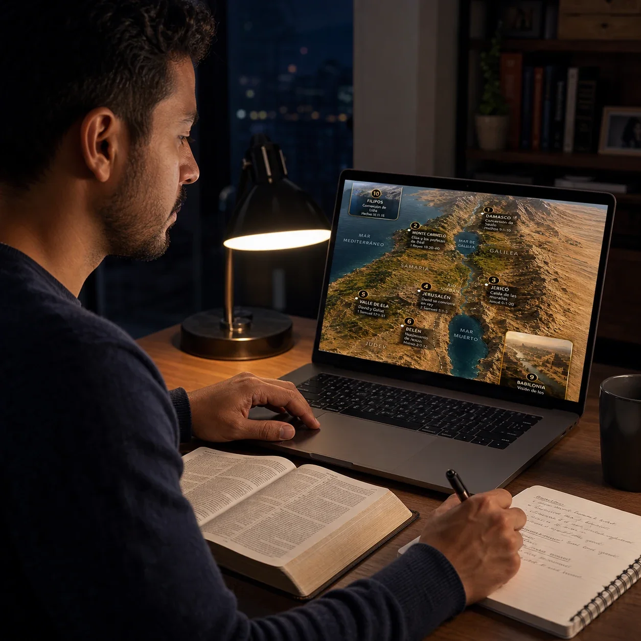 Estudio personal de noche: el mapa bíblico abierto en la computadora, junto a la Biblia y un cuaderno de notas