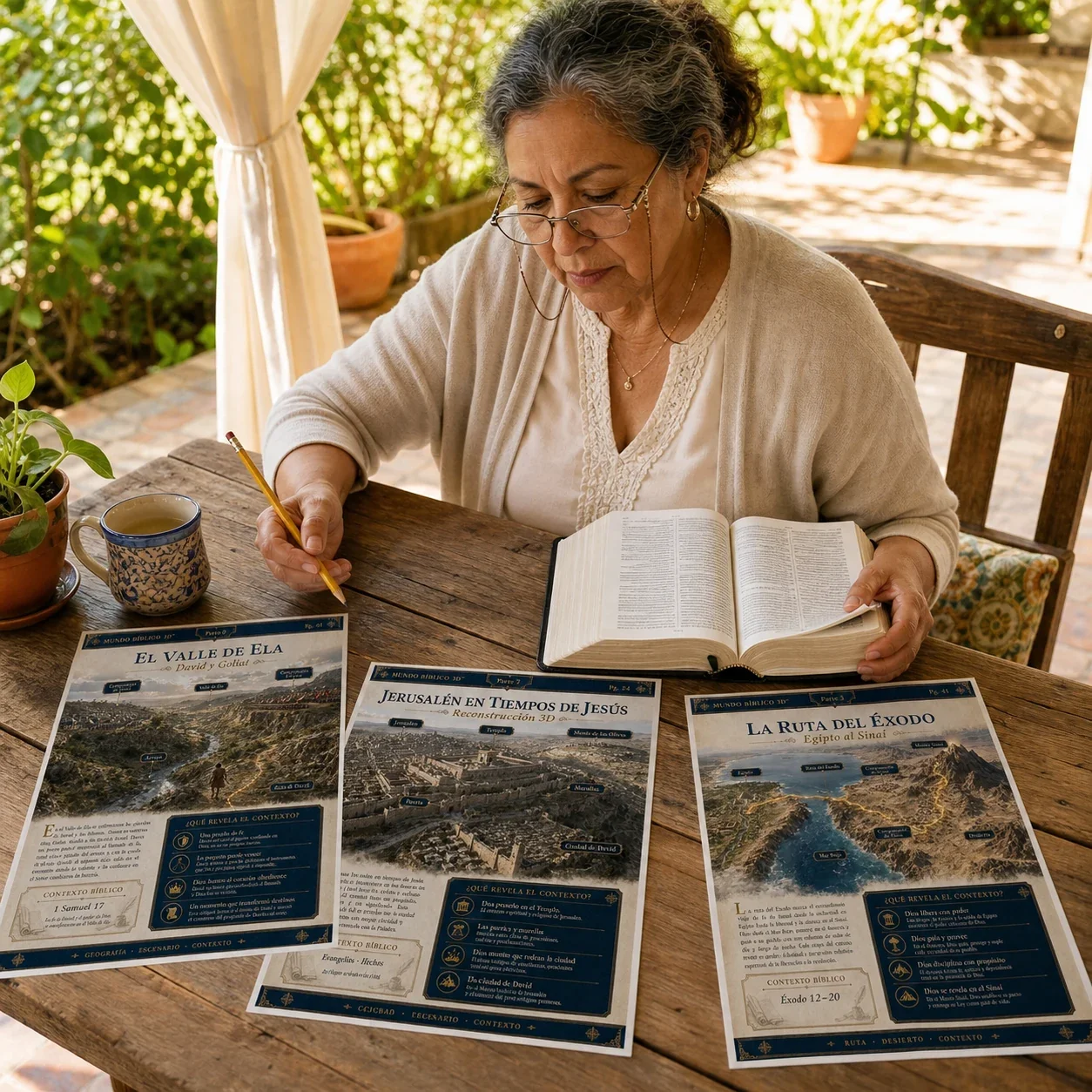 Páginas del material impresas sobre la mesa junto a la Biblia abierta durante el estudio