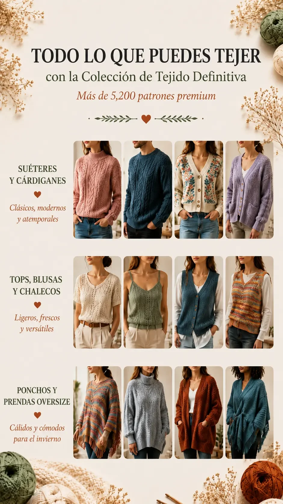 Todo lo que puedes tejer — suéteres, cárdigan, blusas, ponchos y más
