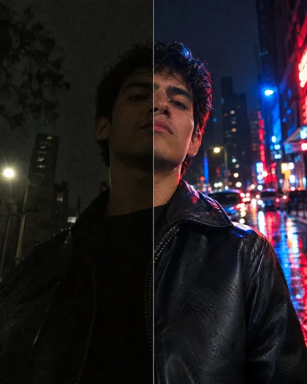 ビフォー・アフター：暗くにごった夜の街 vs オフカメラストロボとネオンのボケ