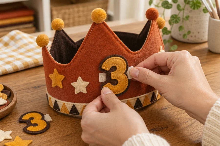 Felt birthday crown with the new number patch swapped on