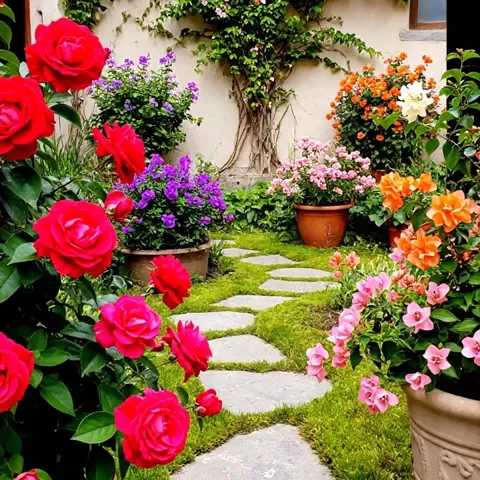 Jardín con rosas y sendero