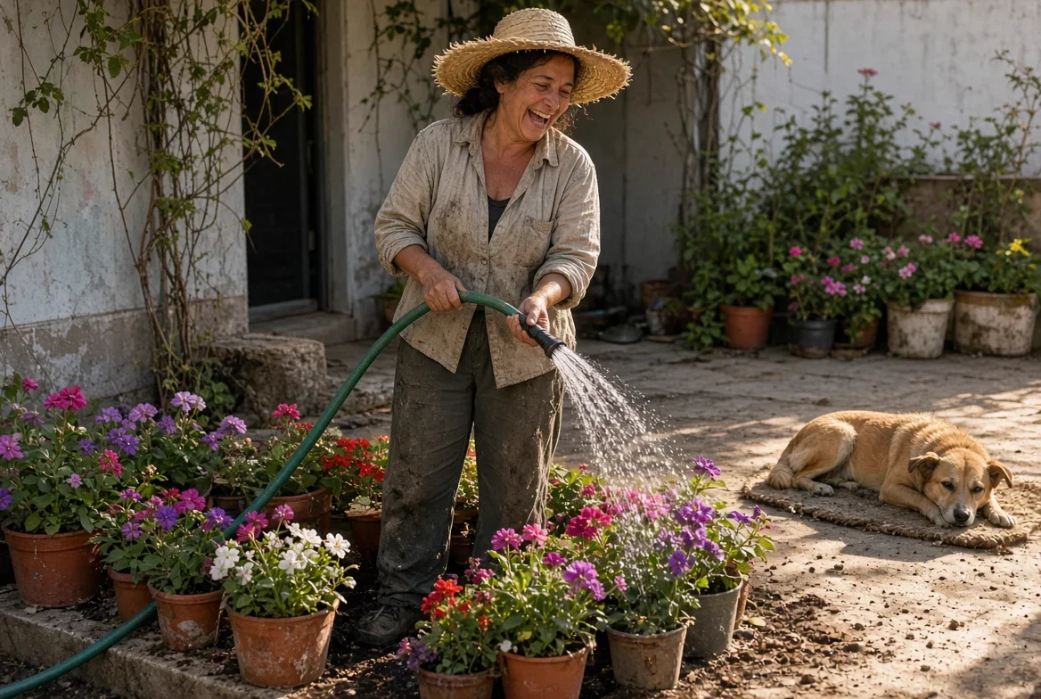 Mujer feliz regando las flores de su patio