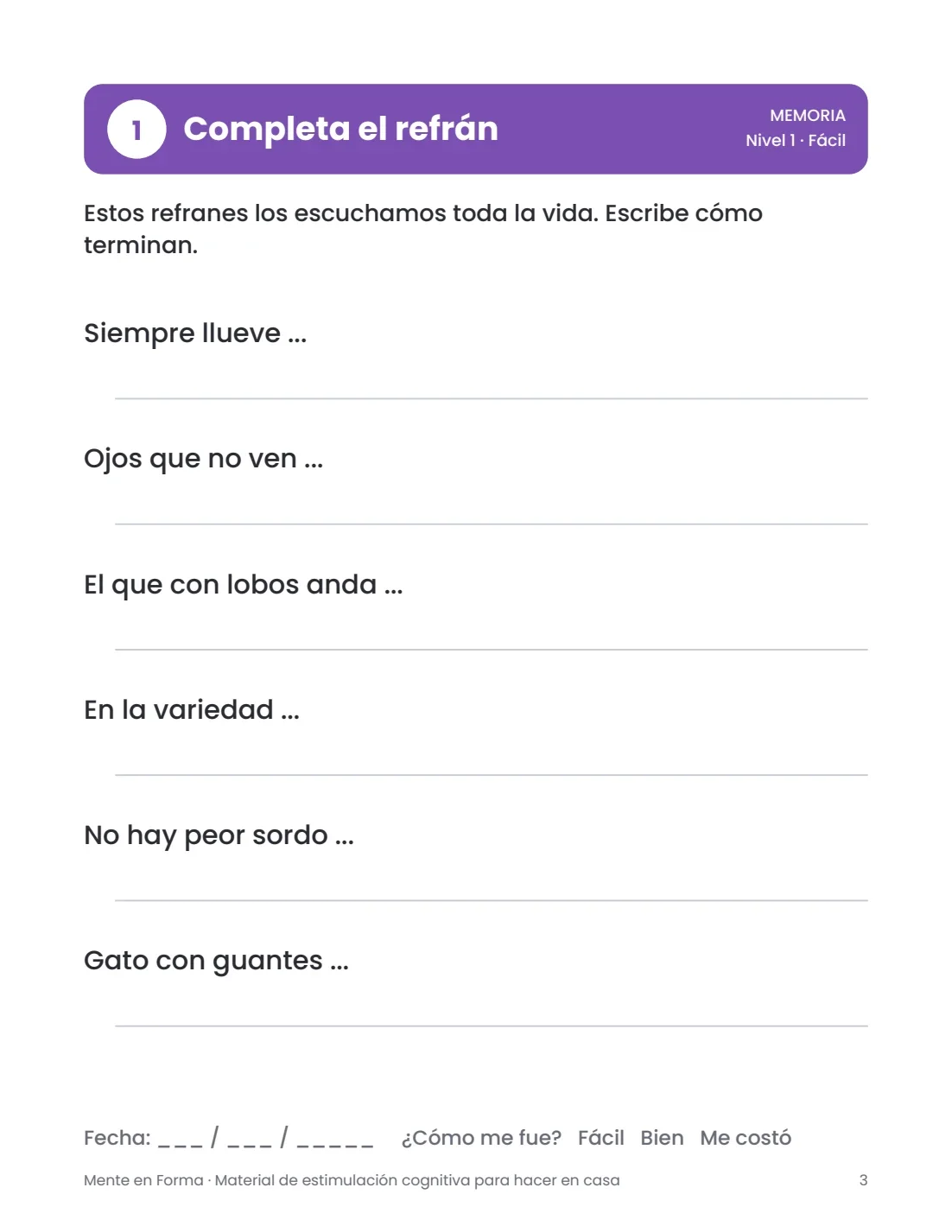 Actividad real Completa el refrán, nivel fácil