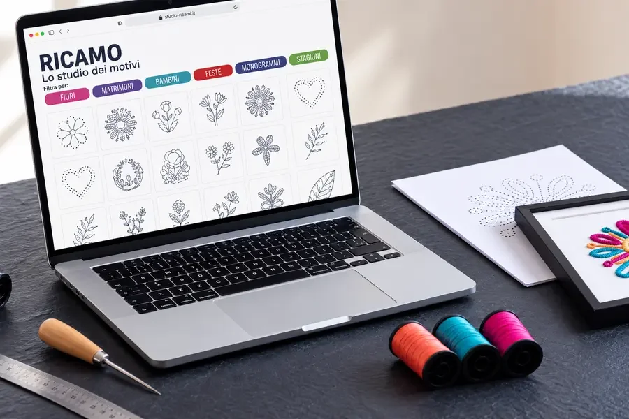 Lo Studio degli Schemi — l'app PINHOLE aperta su un portatile, con la libreria dei disegni e i filtri
