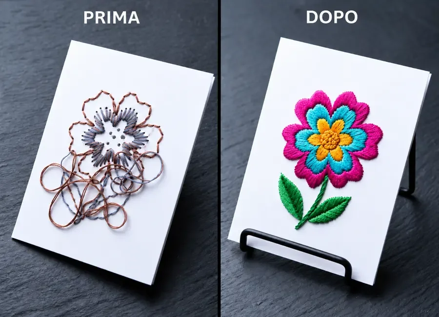 Prima e dopo: da un tentativo frustrante a un bel ricamo su carta finito