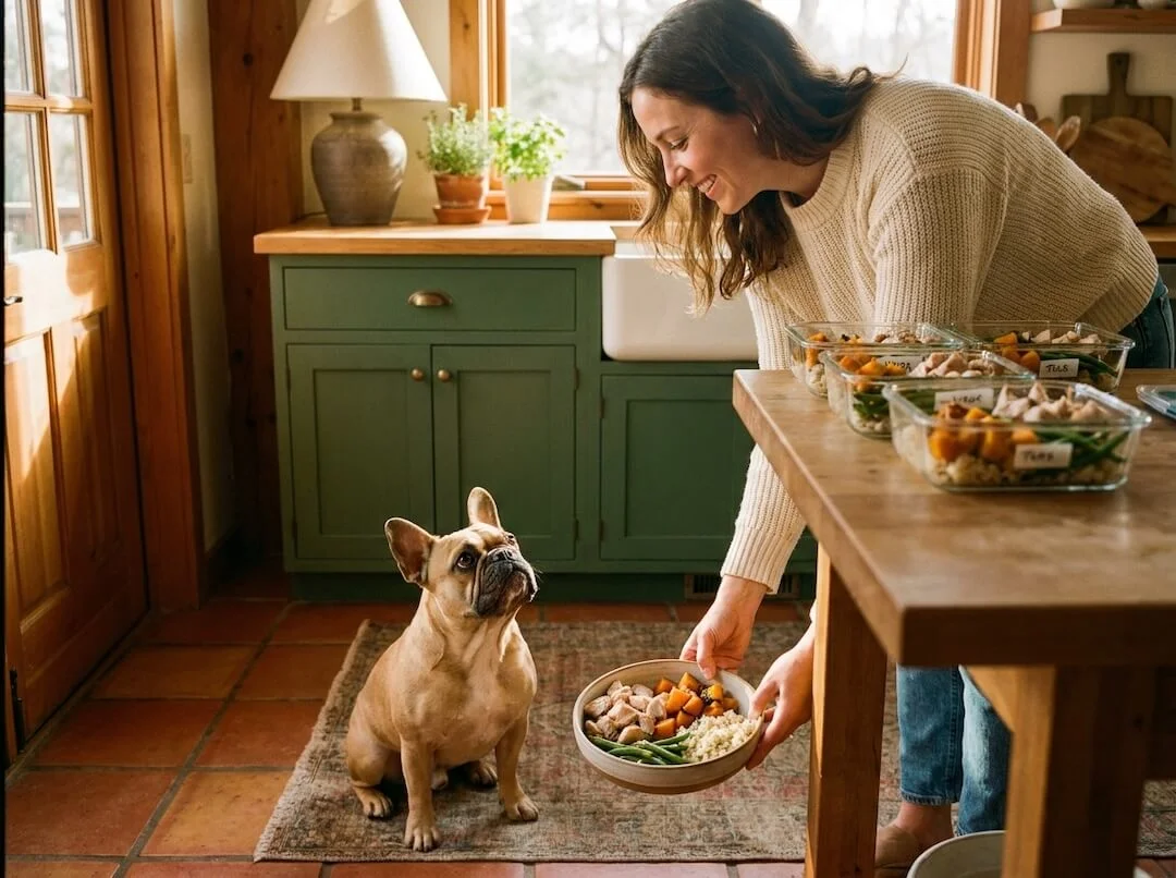 Bulldog Francés esperando feliz su plato de comida natural