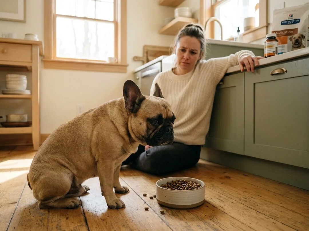 Dueña preocupada con su Bulldog Francés en el veterinario
