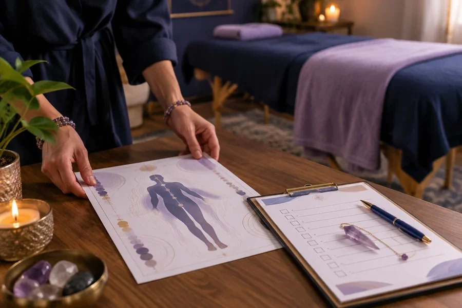 Preparing the body map, record sheet and pendulum before the client arrives