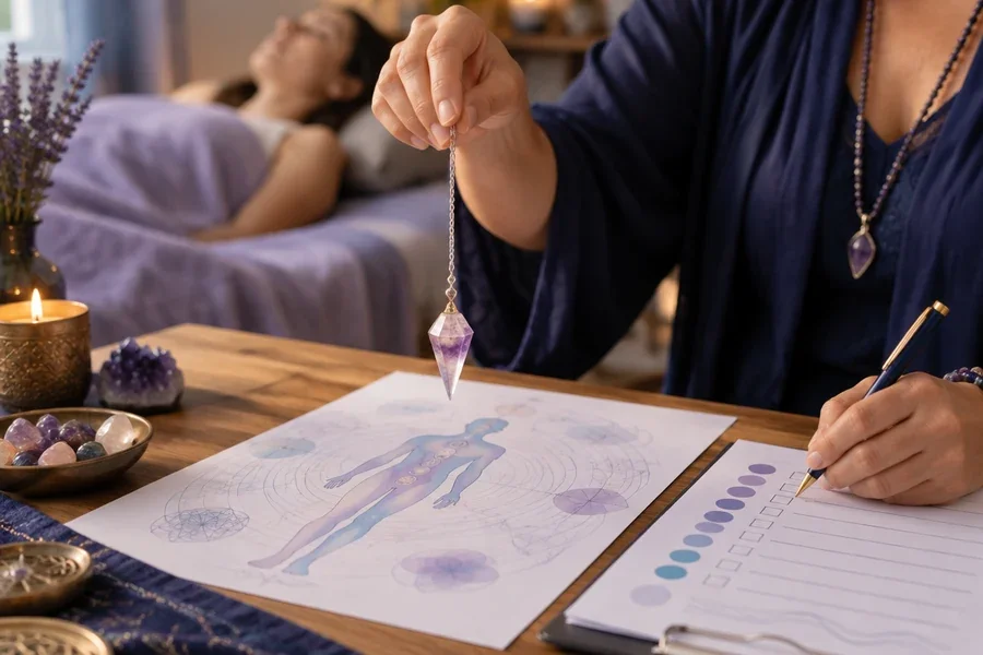 Assessing with the pendulum over the body map while recording findings